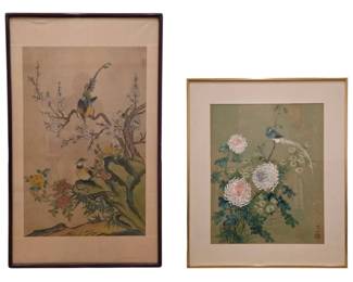 Pair of Vintage East Asian Bird Flower Paintings Silk Cork Backed