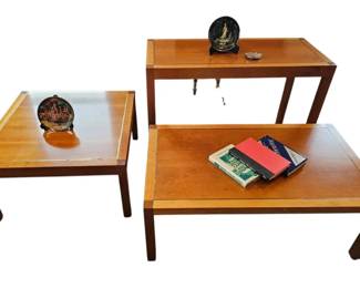 Vintage 3Piece MCM TwoTone Wood Table Set with Brass Inlay Console, Coffee End Table