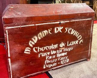 $295~Vintage/Antique Painted “Madame De Sevigne Chocolat De Luxe” Trunk