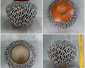 More views of the hand-coiled and hand-painted Acoma Pueblo black-on-white pottery vessel featuring a traditional geometric zig-zag lightning and rain pattern, signed E. P. Routzen (Elsie P. Routzen, 1934–2002)