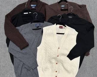 Men's cashmere, lambs wool, and Shetland wool sweaters, sweater vest, cardigans by Allen Solly, Polo by Ralph Lauren, American Blue, Enzo Moutovani; sizes L to XXL 