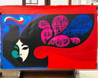 A vintage 1971 silkscreen poster for the 5th International Music Festival in Barcelona (V Festival Internacional de Música en Barcelona), advertising a concert featuring Pierre Boulez's Le Marteau sans Maître performed by Anna Ricci and the Domaine Musical de Paris. (The poster comes with a plexiglass cover, not shown)
