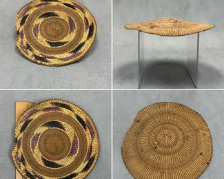 A NW California / Southern Oregon Native American handwoven basket tray, 6" wide, with a beautiful overlay of yellow concentric circles pattern containing repeating curved triangles in contrasting black and purple shades