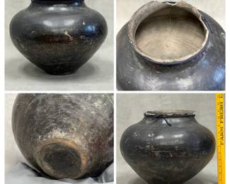 More views of the antique dark-glazed earthenware or terracotta storage vessel featuring a bulbous body and a wide rounded shoulder; approximately 11 inches tall
