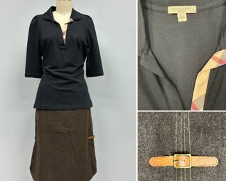 A Burberry Brit women's black 3/4-sleeve polo shirt with classic deep split V-neckline adorned with the brand's iconic signature Nova Check lining along the inside placket; and a  brown wool skirt with side buckle leather straps