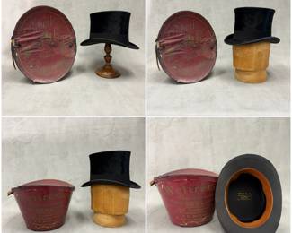 More views of the antique German black beaver fur felt top hat and original storage box, from Weltrekord, Berlin.