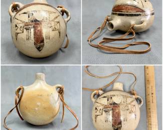 More views of the antique Native American ceramic canteen from Zia Canyon area, decorated with a geometric avian design; circa 1890-1910