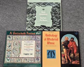 Noah Greenberg Conducting the New York Pro Musica – An Anthology of Their Greatest Works 7-LP vinyl box set; Eugene List A Gottschalk Festival 3-LP vinyl box set; Anthology of Medieval Music 5-record vinyl set 