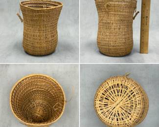 More views of the handwoven wicker storage basket, cylindrical with a slightly flared rim and rounded base, with an open-work or spaced-weft weave style.  6-1/2"W x 9"H.