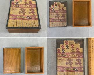 More views of the vintage Peruvian hand-made wooden trinket box featuring a framed pre-Columbian Andean textile fragment ( Paracas or Inca style) under glass with a metal border; approximately 7.5" long
