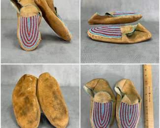 More views of the pair of vintage Native American beaded leather moccasins, Cree Indian beaded moccasins circa 1930-40, featuring intricate glass seed beadwork in striking turquoise and red vertical linear patterns with a delicate blue and green bead edging along the collar