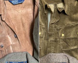 Closeups of a vintage Ralph Lauren brown herringbone tweed field or hunting jacket; a vintage Polo by Ralph Lauren olive green wool hunting or field jacket with pleated front details and utility flap pockets, size L; a vintage Polo by Ralph Lauren light brown suede jacket size S; and vintage Polo by ralph Lauren olive green or brown wide-wale corduroy utility overshirt or jacket featuring double chest flap pockets with metal snap/button closures and a zip-front design, size L