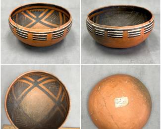 More views of the prehistoric Native American ceramic bowl, approx. 10 inches wide, likely a Four Mile Polychrome piece made by the Ancestral Puebloan (Anasazi) culture around the 13th/14th century. Handwritten label on the underside reads "XSR-8 Pinedale poly circa 1275 AD." 