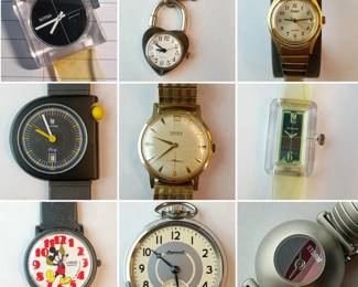 A vintage 1970s Sutton Swiss-made mechanical wristwatch with clear acrylic lucite square case; a silver-tone heart-shaped lock quartz watch keychain w/ a small decorative key charm; a vintage gold-tone Pulsar quartz women's wristwatch; a vintage Lip Mach 2000 quartz wristwatch designed by Roger Tallon; a vintage gold-plated Gruen Precision mechanical wristwatch; a vintage Majestime Swiss-made wristwatch with a rectangular clear acrylic or lucite case; a vintage Lorus Mickey Mouse quartz wristwatch; a vintage Ingersoll pocket watch; a vintage Storm of London round minimalist wristwatch.