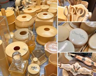 A collection of late 19th through the mid-20th celluloid vanity and dresser items, including matching lidded powder jars, trinket boxes, hair receivers, brush handles, scissors, perfume bottle holders, and trays; celluloid fraternal order badges; and more