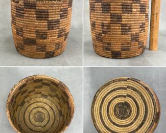 More views of the Indigenous Native American Pima Akimel O'odham coil-woven cylindrical form basket with checked geometric pattern, pre-WWII; approximately 8-1/2" tall.