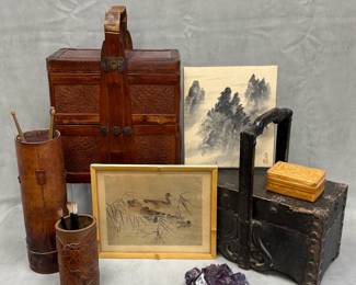 A vintage Chinese two-tier woven rattan and bamboo wedding basket; a framed painting of waterfowl, signed with Chinese seal; a Chinese ink-wash landscape painting; a Chinese carved bamboo brush pot or bitong with peony blossom design; a natural amethyst crystal specimen, an antique Chinese wooden food or lunch box  featuring a dark painted finish, scrolled base supports, and a prominent arched handle