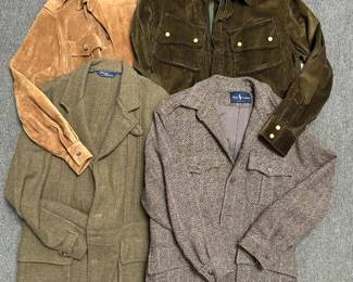 A vintage Ralph Lauren brown herringbone tweed field or hunting jacket; a vintage Polo by Ralph Lauren olive green wool hunting or field jacket with pleated front details and utility flap pockets, size L; a vintage Polo by Ralph Lauren light brown suede jacket size S; and vintage Polo by ralph Lauren olive green or brown wide-wale corduroy utility overshirt or jacket featuring double chest flap pockets with metal snap/button closures and a zip-front design, size L