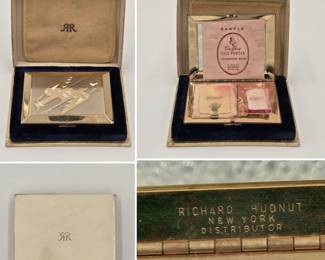 A vintage Richard Hudnut makeup compact with the late Art Deco era “Thunderbird” motif, circa 1939-41. Preserved in its original presentation display box, includes its matching tan felt protective slip. The compact contains a mirror and dual compartments for face powder and rouge.