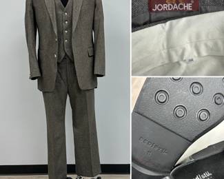 A vintage Jordache brown tweed three-piece suit, blazer is size 44L, trousers are 38L. Shown with pair of Bed Stu  black leather slip-on shoes, size 11
