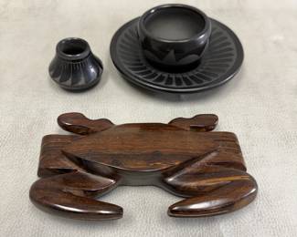 Vintage Santa Clara Pueblo black on black cup and saucer and small jar; a hand-carved wooden stylized crab sculpture  