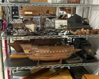 Vintage wooden ship models, an antique magic lantern projecter late 19th or early 20th century