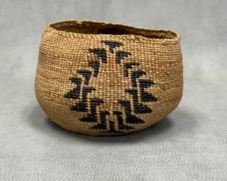 Antique Native American Shastan / Shasta Group twined woven basket with Shaman Hands motif; early 20th C., 4-1/2 inches tall