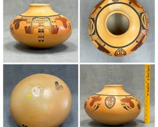 More views of the traditional, wide yellow-ware Hopi olla pot with Sikyátki designs, with a narrow neck; mid/late 20th century; approximately 8-1/4 inch tall, signed to underside by master potter Priscilla Namingha Nampeyo  (1924-2008, Hopi-Tewa)