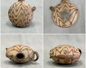 Antique Native American ceramic canteen vessel, 5" tall, decorated with a series of repeating reddish brown chevron or zigzag motifs arranged in concentric or parallel bands over buff color base