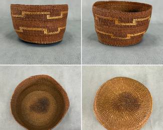 More views of the handwoven Northwest Coast Tsimshian basket with warm brown tones and lighter geometric accent banding, coiled weave natural fibers, approx 4"W x 6"H