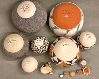 More views of the pueblo pottery from the southwest including these vibrant hand-made and hand-decorated bowls and jars; several from Acoma Pueblo artists including Jessic Garcia, Lucy M. Lewis, Pablita Concho, and Marie and Simon Vallo; and a San Felipe Pueblo bowl from artist A. Tenorio 