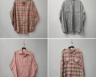 Men’s vintage shirts: A Trooping the Color button-down collar shirt long-sleeve Madras plaid shirt with shades of green, orange, pink, and brown; a gray long-sleeve shirt with thin vertical dark pinstripes, banded collar, and two chest flap pockets; a vintage GANT men’s button-up shirt with retro pink base with vertical green and gold multi-stripes, a wide point collar typical of the late 80s, and a single open chest pocket; and a vintage 1970s safari-style Madras plaid work shirt distinctive dramatic pointed collar, shoulder epaulets, and bias-cut twin chest flap pockets