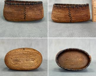 Native American Klamath Washoe/Great Basin coiled oval basket with tight weaving and subtle geometric patterning on the side. Handwoven form shows even coils and a deep, low-profile oval shape; 6-1/4"L x 4-1/4"W x 2-1/2"H