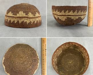 More views of the indigenous peoples Native American twined basket hat, possibly Klamath, with fine twining and tight construction typical of Northwest basketry. Brown natural fibers with yellow fiber overlay in geometric pattern band. 7-1/2"W x 4-1/4"H