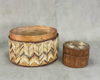 A Mi'kmaq birch bark box with finely crafted flat laid porcupine quill decoration in chevron pattern, c. 1890 - 1930; and a smaller 19th Century Mi'kmaq porcupine quill and birch bark covered lidded box, native Canadian folk art