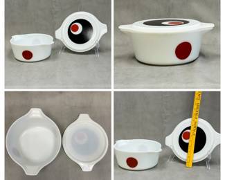 More views of the vintage 1971 Pyrex Moon Deco promotional 2.5 quart casserole dish featuring a bold, mod black and red geometric circle pattern on the white opal glass lid and side