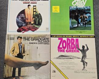 Vintage LP records: They Call Me Mister Tibbs original motion picture score; Otley music from the film score by Stanley Myers; The Graduate original sound track recording; Zorba the Greek original soundtrack album