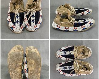 More views of the pair of vintage/antique Plains Indian glass beaded leather moccasins, likely Cheyenne or Lakota Sioux; soft buckskin or hide hand-sewn with intricate geometric lane-stitched beadwork in black, white, red, and blue