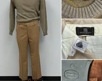 Valentino Uomo knit brown wool blend diamond-patterned crewneck sweater size L; vintage Givenchy Monsieur mid-brown dress trousers size 36; pair of Cole Haan Country tobacco brown suede leather lace up ankle boots size 11 M.