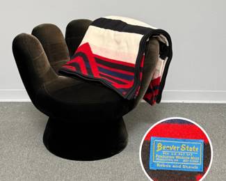 A Beaver State line by Pendleton Woolen Mills southwestern-style blanket with combination of cream, black, and red blocks accented by stepped diamonds and thick bands inspired by Navajo third phase chief's blankets; 87" x 84"