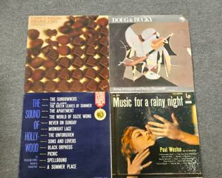 Vintage record albums: Tommy Flanagan and Hank Jones Our Delights; Doug Jernigan and guitarist Bucky Pizzarelli Doug & Bucky; The Medallion Strings The Sound of Hollywood; Paul Weston and His Orchestra Music For a Rainy Night