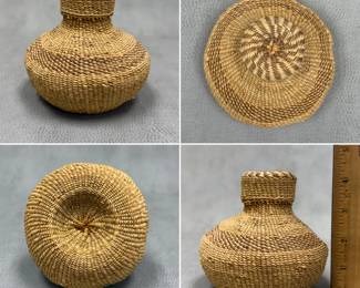 More views of the small, tightly coiled basketry jar with a matching lid, featuring natural tan and darker brown plant fibers woven in a banded geometric pattern; 4-1/4" tall