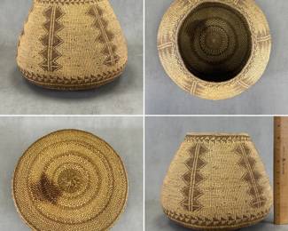 More views of the Native American large, rod-warp twined storage basket with distinctive geometric zigzag pattern woven in contrasting brown and tan fibers; California or Great Basin, tribe undetermined; approximately 8-1/2" tall, base is 10"W and mouth of basket 5-1/2"W.