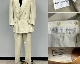 Vintage Guy Laroche double-breasted linen blend suit; the jacket size 44 XL, trousers size 39 XL; shown with pair of Bill Blass light tan leather oxford men's dress shoes, made in Italy, size 11-1/2