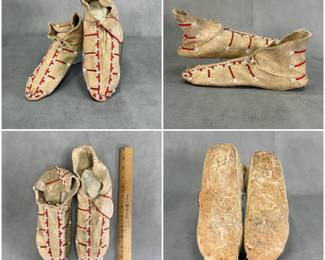 Pair of Native American Indian beaded hard sole sinew sewn moccasins, tanned leather with glass seed beadwork in lane stitch rows of red and white beads; integrated leather tie laces through the cuff fold.