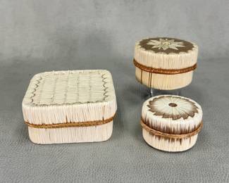 Three miniature vintage Native American Ojibwe / Chippewa porcupine quill-decorated birchbark lidded boxes, one square, two round
