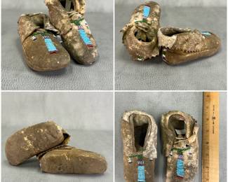 Antique Native American Cheyenne children's moccasins circa 1895-1900, hand-sewn hide with applied glass seed beads decoration in green, turquoise, red, blue, and white