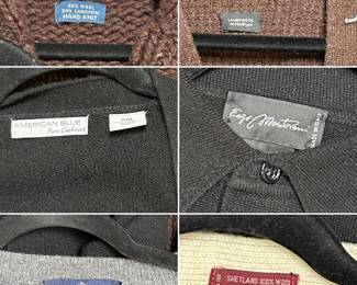 Closeup of men's cashmere, lambs wool, and Shetland wool sweaters, sweater vest, cardigans by Allen Solly, Polo by Ralph Lauren, American Blue, Enzo Moutovani; sizes L to XXL 