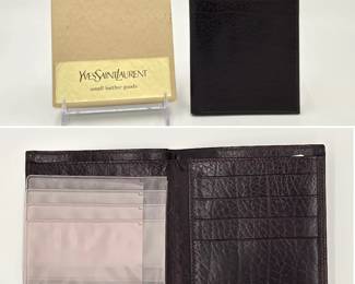A vintage Yves Saint Laurent dark brown, textured leather bifold wallet featuring multiple card slots, and a clear plastic insert for IDs or cards; in original box.