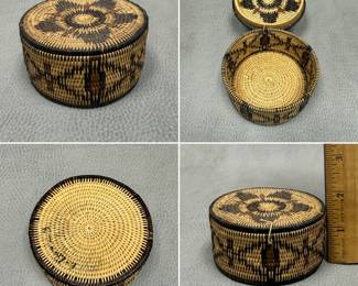 More views of the coiled tightly woven lidded basket with geometric star pattern on lid and diamond/bars design on the sides; approximately 2 inches tall.A coiled tightly woven lidded basket with geometric star pattern on lid and diamond/bars design on the sides; approximately 2 inches tall.